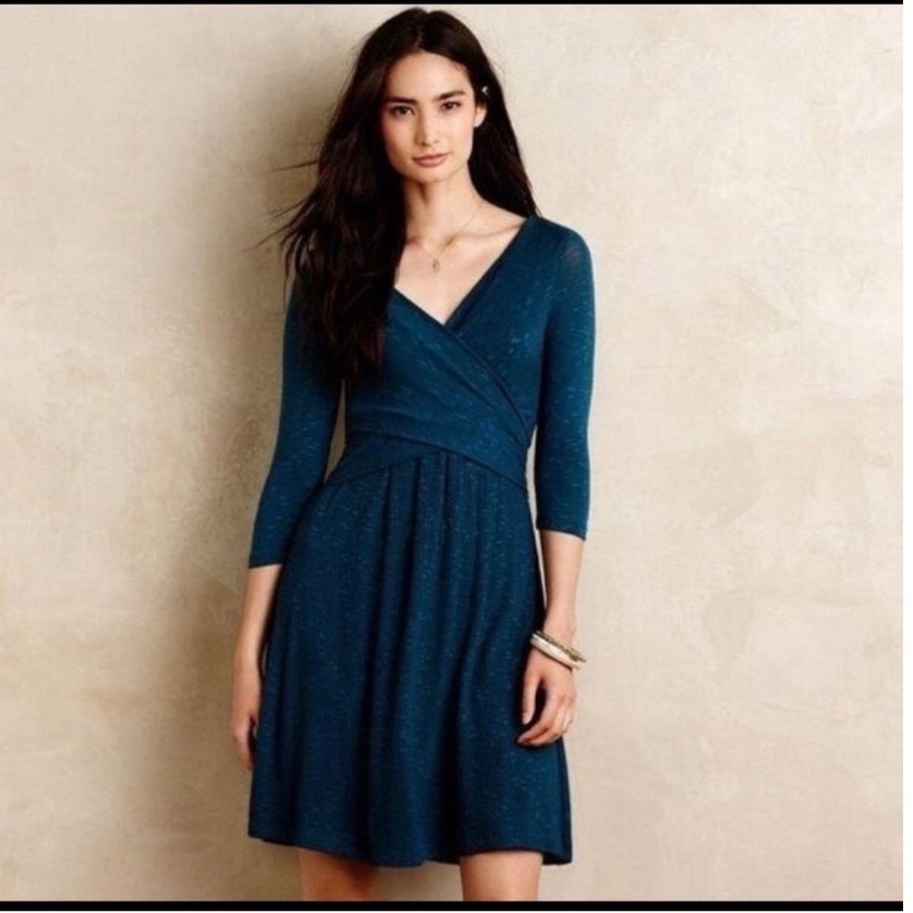 Amadi Anthropologie Turquoise Surplice Knit Dress V-Neck 3/4 Sleeve Size S NWT